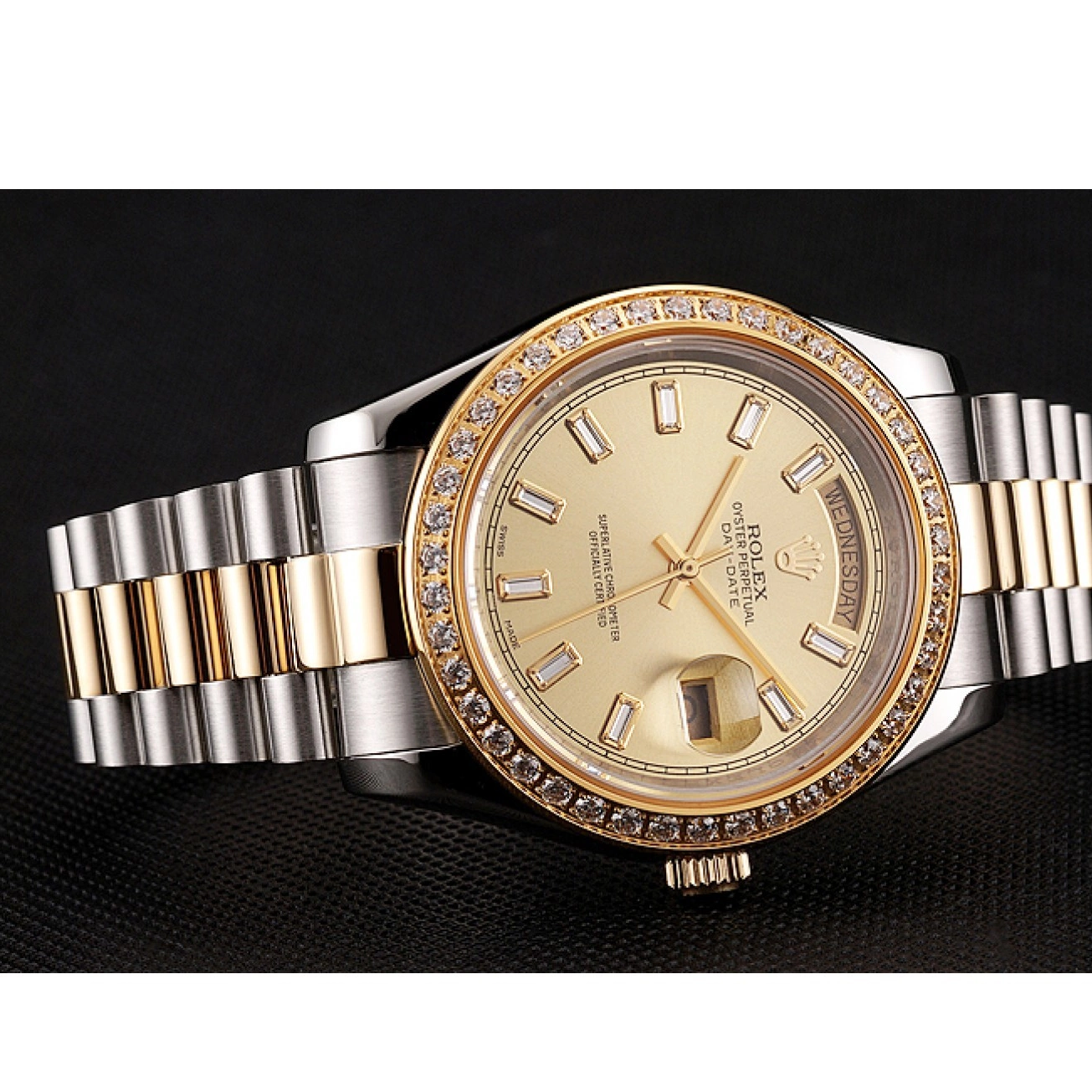 AAA replica watch Swiss Bezel Day-Date Tone Rolex 1454103 Dial Bracelet Two Diamond Champagne 0707